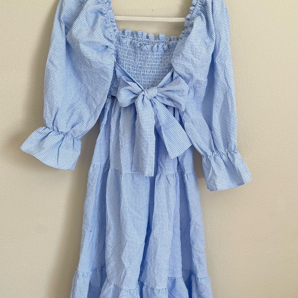 Womens Blue Gingham Tie-Front Smocked Dress